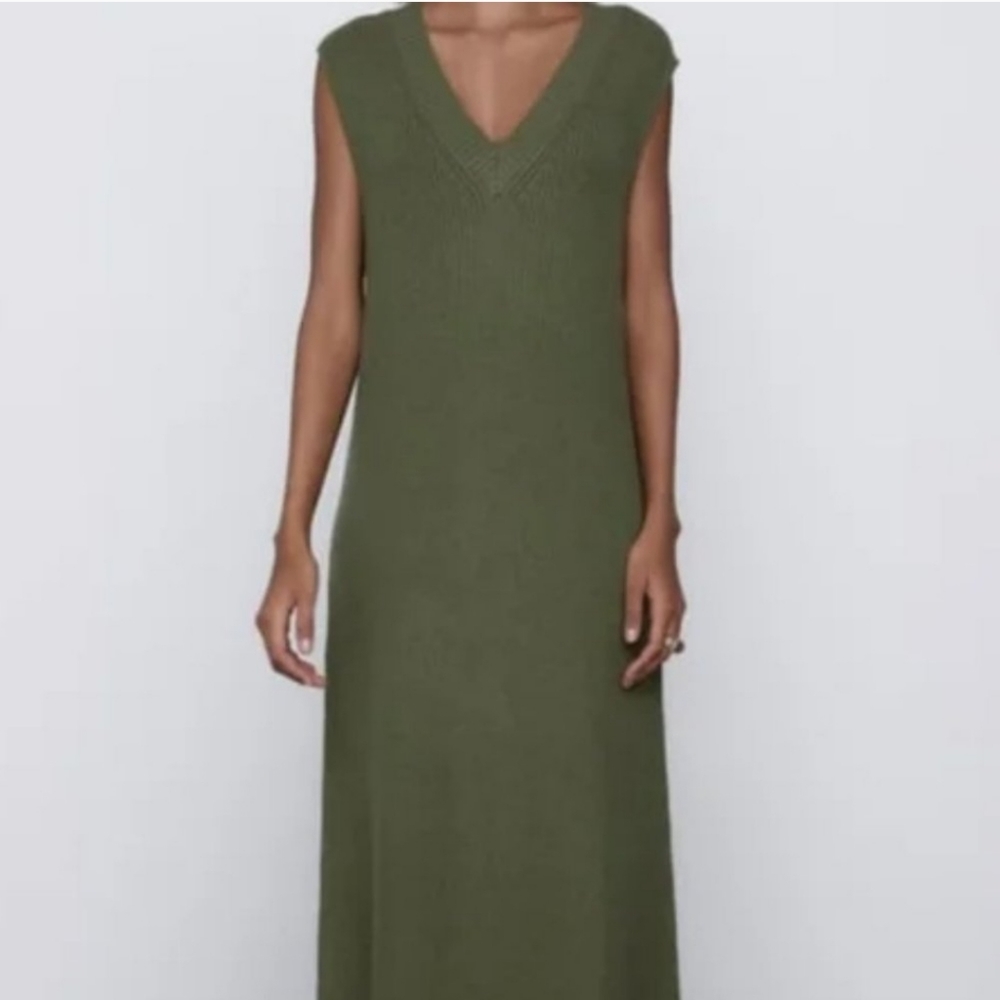 ZARA Green Olive Chunky Knit Sweater Midi Casual Maxi Dress Sz S NWT